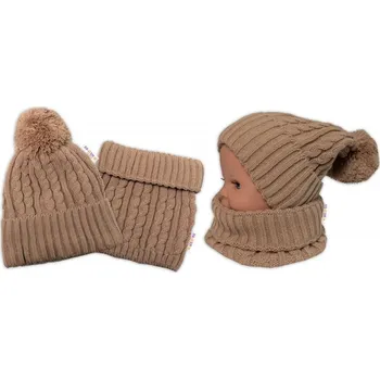 Módní doplněk Zimní čepice s bambulí + komínek - béžová, vel. 48-52cm, Velikost koj. oblečení 98-104 (2-4r)
