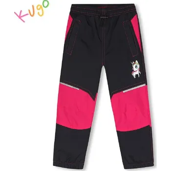 Dívčí zateplené šusťákové kalhoty KUGO DK7119, černé s růžovou