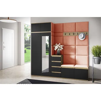 Předsíňová stěna Eka Předsíňová stěna s čalouněnými panely Trinity 33 - Dub Artisan s černou / Rubínová 2324