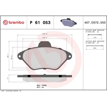 Brzdová destička Sada brzdových destiček, kotoučová brzda BREMBO P 61 053