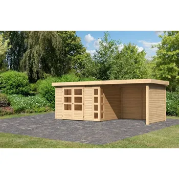 Zahradní domek Dřevěný domek KARIBU KERKO 5 + přístavek 2,8 m včetně zadní a boční stěny Varianta: dřevěný domek KARIBU KERKO 5 + přístavek 280 cm včetně zadní a boční stěny (9208) natur LG2993