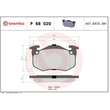 Autodíl Sada brzdových destiček, kotoučová brzda BREMBO P 68 020