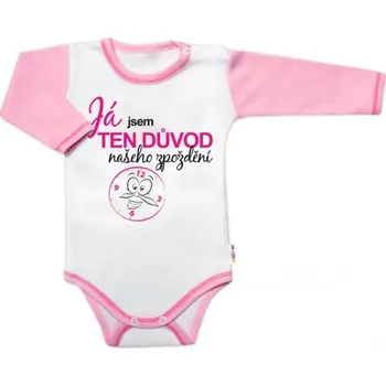 Kojenecký body Body dl. rukáv s vtip. textem Baby Nellys, Já jsem TEN DŮVOD našeho zpoždění, holka, Velikost koj. oblečení 62 (2-3m)