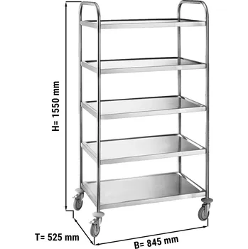 Lednice G.Gastro Serving & Clearing Trolley – Stainless Steel - 5-Tier - 845×525×1550 mm - Locking Castors