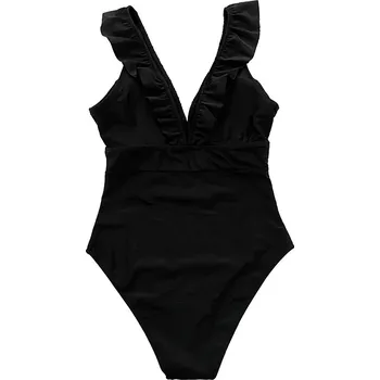 Dámské plavky Dámské plavky jednodílné s volánky lemující výstřih (7-12) Barva: černá 02, Velikost: L