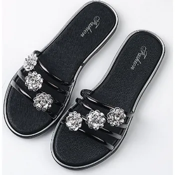 Dámské pantofle Dámské letní plážové pantofle s designovým páskem a třpytivými kytičkami Barva: Barva E - černá, Velikost EUR: 37