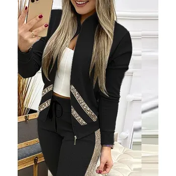 Dámská elegantní tepláková souprava se zapínáním na zip Barevná varianta: Černá s flitry, Velikost: XL