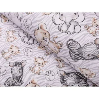 Dětská bavlněná látka/plátno Sandra SA-335 Africká zvířátka na šedém zebrovaném - šířka 160 cm