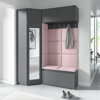 Předsíňová stěna Eka Předsíňová stěna s čalouněnými panely Trinity 38 - Grafit / Světlá růžová 2319