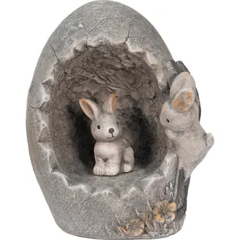 Šedá dekorace králíčci na vajíčku v dekoru kamene – 22x18x27 cm