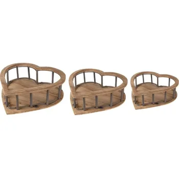 Úložný box 3ks hnědý dřevěný úložný košík ve tvaru srdce – 33x33x10 / 26x26x9 / 20x20x8 cm