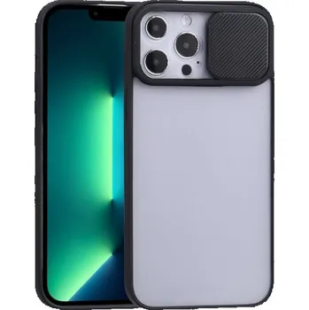 Pouzdro na mobilní telefon Poloprůhledný kryt s posuvnou krytkou čočky fotoaparátu pro iPhone 13 Pro Max - černý