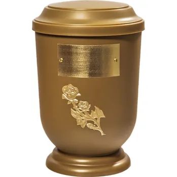 Smuteční dekorace Pohřební Plastová urna na popel, oválné prohlé víčko, zlatá, štítek č. 50, 100 x 50, zlatá růže