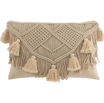 Dekorativní polštářek Béžový polštář s drhaným vzorem a střapci Macramé Cosy - 47*16*36 cm