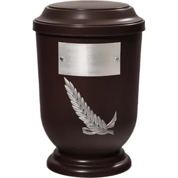 Smuteční dekorace Pohřební Plastová urna na popel, oválné prohlé víčko, hnědá, štítek č. 52, 100 x 50, stříbrná snítka