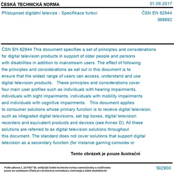 ČSN EN 62944 - Přístupnost digitální televize - Specifikace funkcí - Tisk