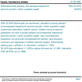 ČSN 33 3070 - Elektrotechnické předpisy. Kompenzace kapacitních zemních proudů v sítích vysokého napětí - Tisk