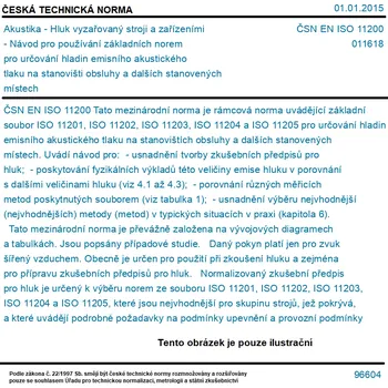 ČSN EN ISO 11200 - Akustika - Hluk vyzařovaný stroji a zařízeními - Návod pro používání základních norem pro určování hladin emisního akustického tlaku na stanovišti obsluhy a dalších stanovených místech - Tisk