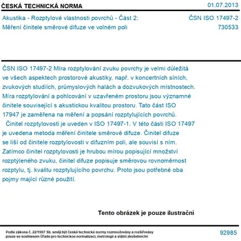 ČSN ISO 17497-2 - Akustika - Rozptylové vlastnosti povrchů - Část 2: Měření činitele směrové difuze ve volném poli - Tisk