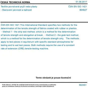 ČSN EN ISO 1421 - Textilie povrstvené pryží nebo plasty - Stanovení pevnosti a tažnosti - Tisk