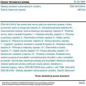 ČSN 56 0160-6 - Metody zkoušení cukrovarských výrobků. Část 6: Stanovení popela - Tisk