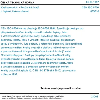 ČSN ISO 8756 - Kvalita ovzduší - Používání údajů o teplotě, tlaku a vlhkosti - Tisk