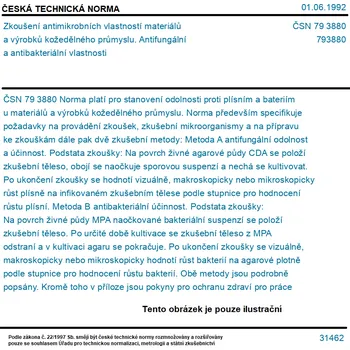 ČSN 79 3880 - Zkoušení antimikrobních vlastností materiálů a výrobků kožedělného průmyslu. Antifungální a antibakteriální vlastnosti - Tisk