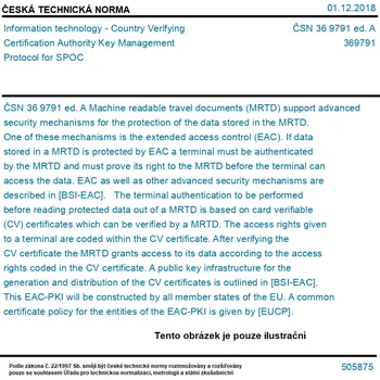 ČSN 36 9791 ed. A - Information technology - Country Verifying Certification Authority Key Management Protocol for SPOC - Tisk