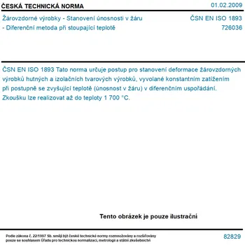 ČSN EN ISO 1893 - Žárovzdorné výrobky - Stanovení únosnosti v žáru - Diferenční metoda při stoupající teplotě - Tisk