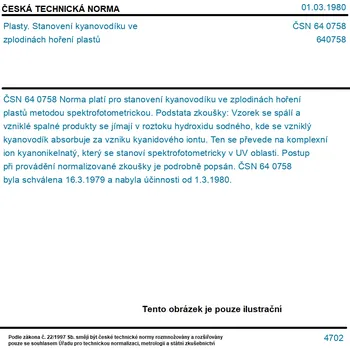 ČSN 64 0758 - Plasty. Stanovení kyanovodíku ve zplodinách hoření plastů - Tisk