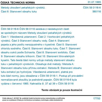 ČSN 56 0116-6 - Metody zkoušení pekařských výrobků. Část 6: Stanovení obsahu tuku - Tisk