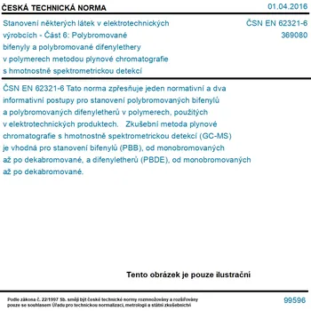 ČSN EN 62321-6 - Stanovení některých látek v elektrotechnických výrobcích - Část 6: Polybromované bifenyly a polybromované difenylethery v polymerech metodou plynové chromatografie s hmotnostně spektrometrickou detekcí (GC-MS) - Tisk
