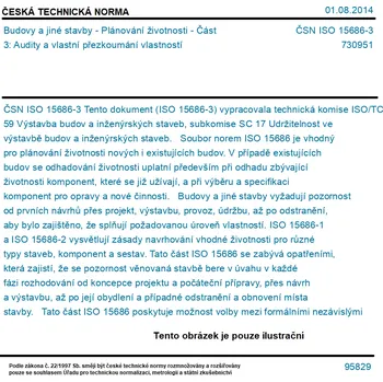 ČSN ISO 15686-3 - Budovy a jiné stavby - Plánování životnosti - Část 3: Audity a vlastní přezkoumání vlastností - Tisk