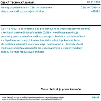 ČSN 46 7092-18 - Metody zkoušení krmiv - Část 18: Stanovení obsahu ve vodě rozpustných chloridů - Tisk