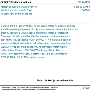 ČSN 58 0703-4 - Metody zkoušení dehydratovaných výrobků a ochucovadel - Část 4: Stanovení chloridu sodného - Tisk