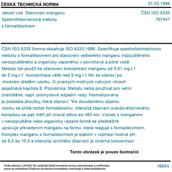 ČSN ISO 6333 - Jakost vod. Stanovení manganu. Spektrofotometrická metoda s formaldoximem - Tisk