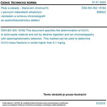 ČSN EN ISO 15192 - Půdy a odpady - Stanovení chromu(VI) v pevných materiálech alkalickým rozkladem a iontovou chromatografií se spektrofotometrickou detekcí - Tisk