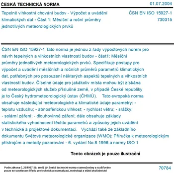 ČSN EN ISO 15927-1 - Tepelně vlhkostní chování budov - Výpočet a uvádění klimatických dat - Část 1: Měsíční a roční průměry jednotlivých meteorologických prvků - Tisk