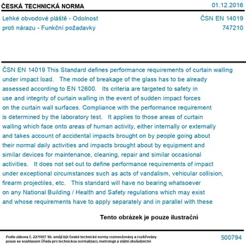 ČSN EN 14019 - Lehké obvodové pláště - Odolnost proti nárazu - Funkční požadavky - Tisk