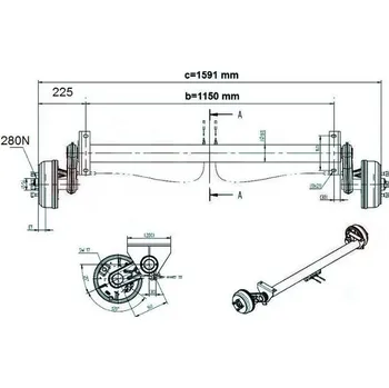 Přívěs Náprava KNOTT GB 13 (1350 kg) b=1150 mm, c=1591 mm, 200x50, 112x5, Wasser, patky, PV 1.3