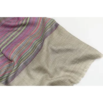 Šála Vlněná vzorovaná šála - šedobéžová a četné růžové, chrpově modré, hnědé, zelené a další pruhy
