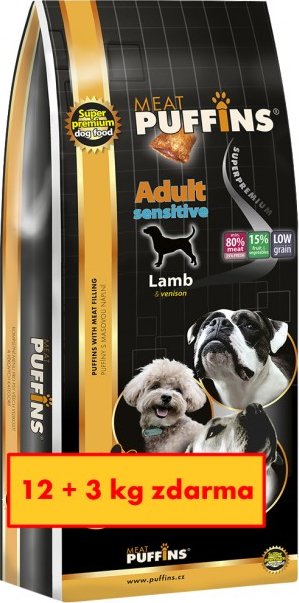 PUFFINS ADULT LAMB & RICE superpremiové krmivo pro psy s masovou náplní 12+3kg zdarma