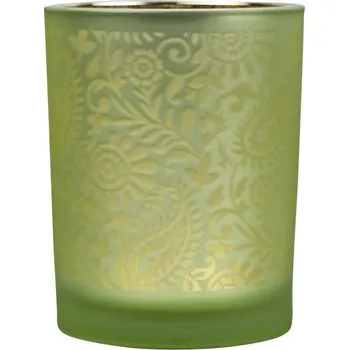 Svícen Zeleno stříbrný skleněný svícen s ornamenty Paisley vel.M - Ø10*12,5cm