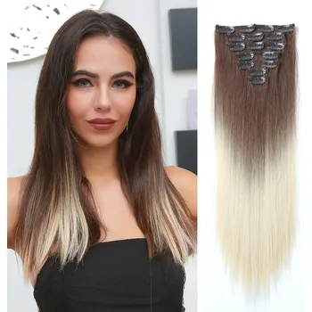 Paruka Vlasy clip in 7 pásů - světlá blond ombré vlasové příčesky rovné 40 cm