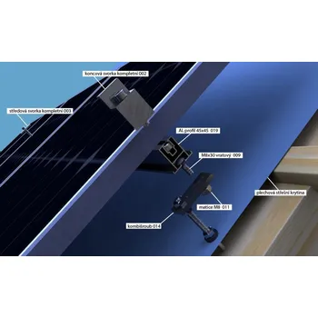 držák na solární panel Nosná konstrukce FV panelu – šikmá střecha – plech, lepenka, šindel Počet FV panelů: 1 panel, na výšku