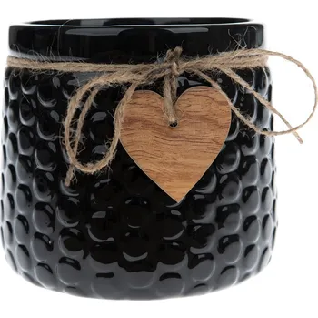 Biokrb Keramický obal na květináč Wood heart černá, 12,5 x 14 cm
