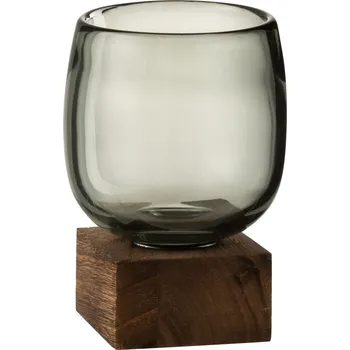 Svícen Skleněný svícen / váza na dřevěném podnosu - 10*10*14 cm