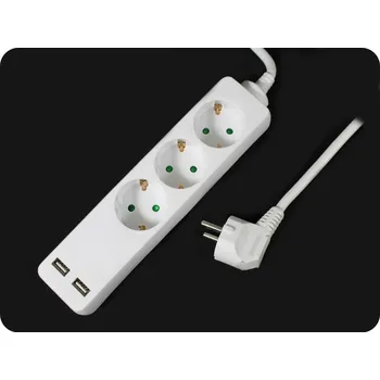 Napájecí kabel Prodlužovací kabel, 3 zásuvky + 2xUSB, 1,5m, 16A, 3G1.5mm2, bílý