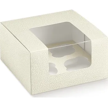 Termobox Krabice na 4ks muffinů/cupcakes - s okénkem (bílá kůže) 18x18x10cm