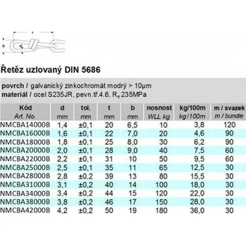Řetěz Řetěz DIN 5686 svazek 1,8mm, ZB varianta Balení 120 m